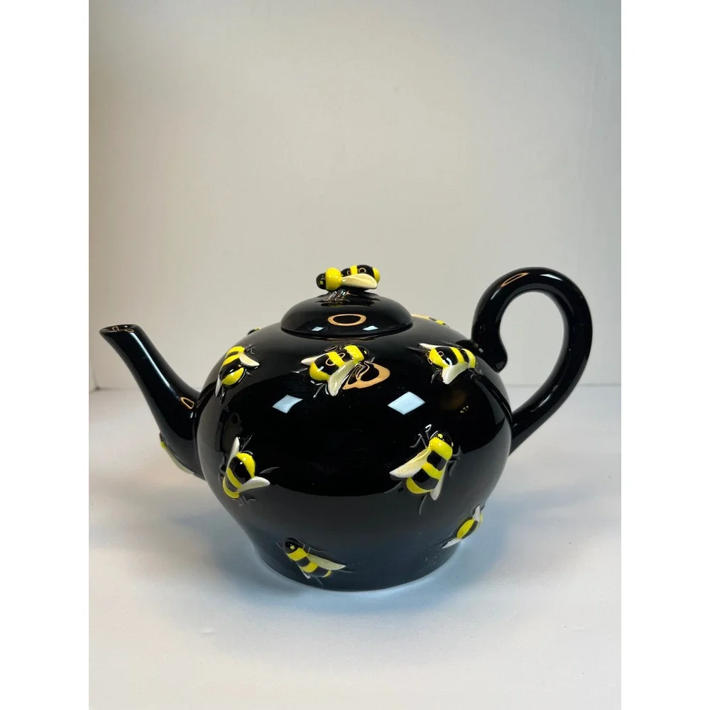 Department 56 Buzz Black Ceramic Teapot with 3D Bumblebees Glossy Finish